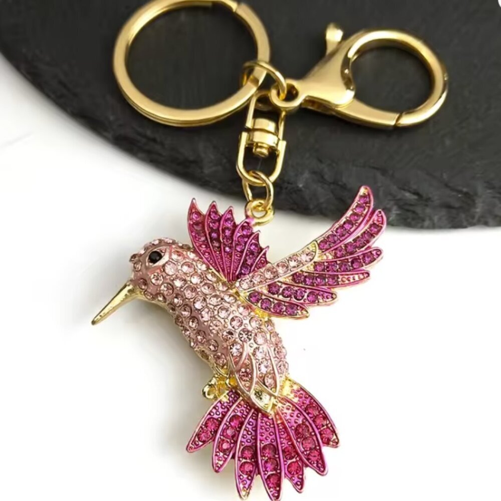 Pink Hummingbird Keychain for Women Men Rhinestone Gold Color Alloy Animal Birds